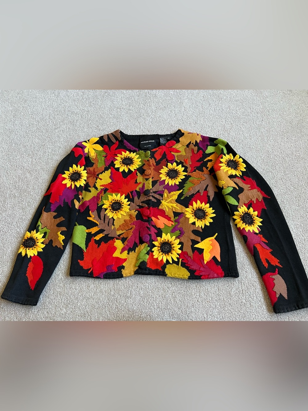 #2 Michael Simon sz M  Embroidered Sunflower Sweater Cardigan Fall Halloween